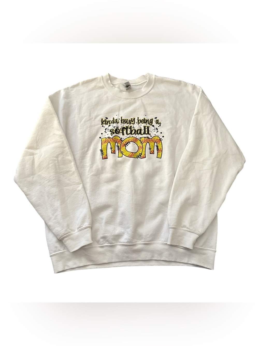 Gildan White Sweatshirt with Yellow and Orange Softball Graphic
